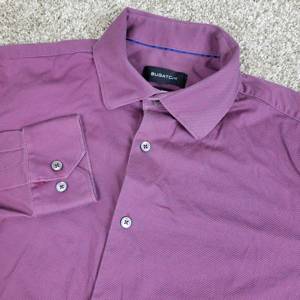 Bugatchi 8 Way Stretch Mens Medium Red Blue Striped Button Up Long Sleeve